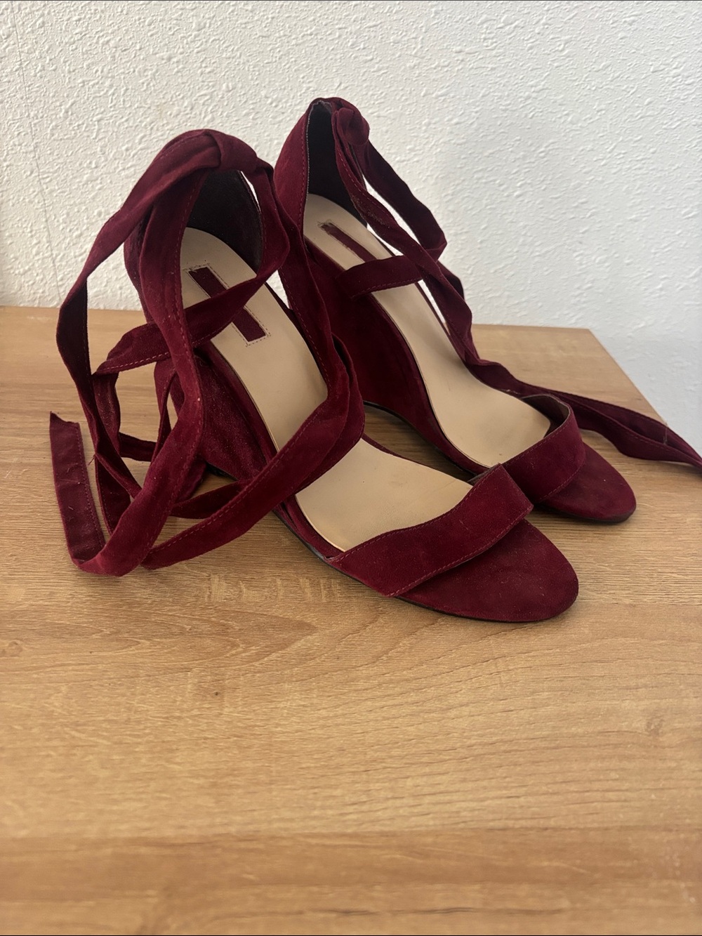 Women’s Burgundy Suede Lace-Up Wedge Sandals